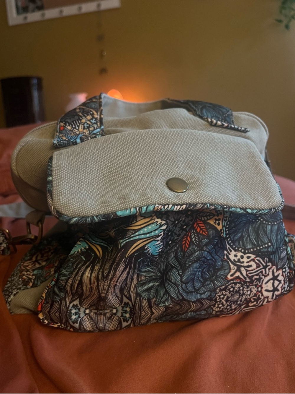 Black butterfly canvas satchel.